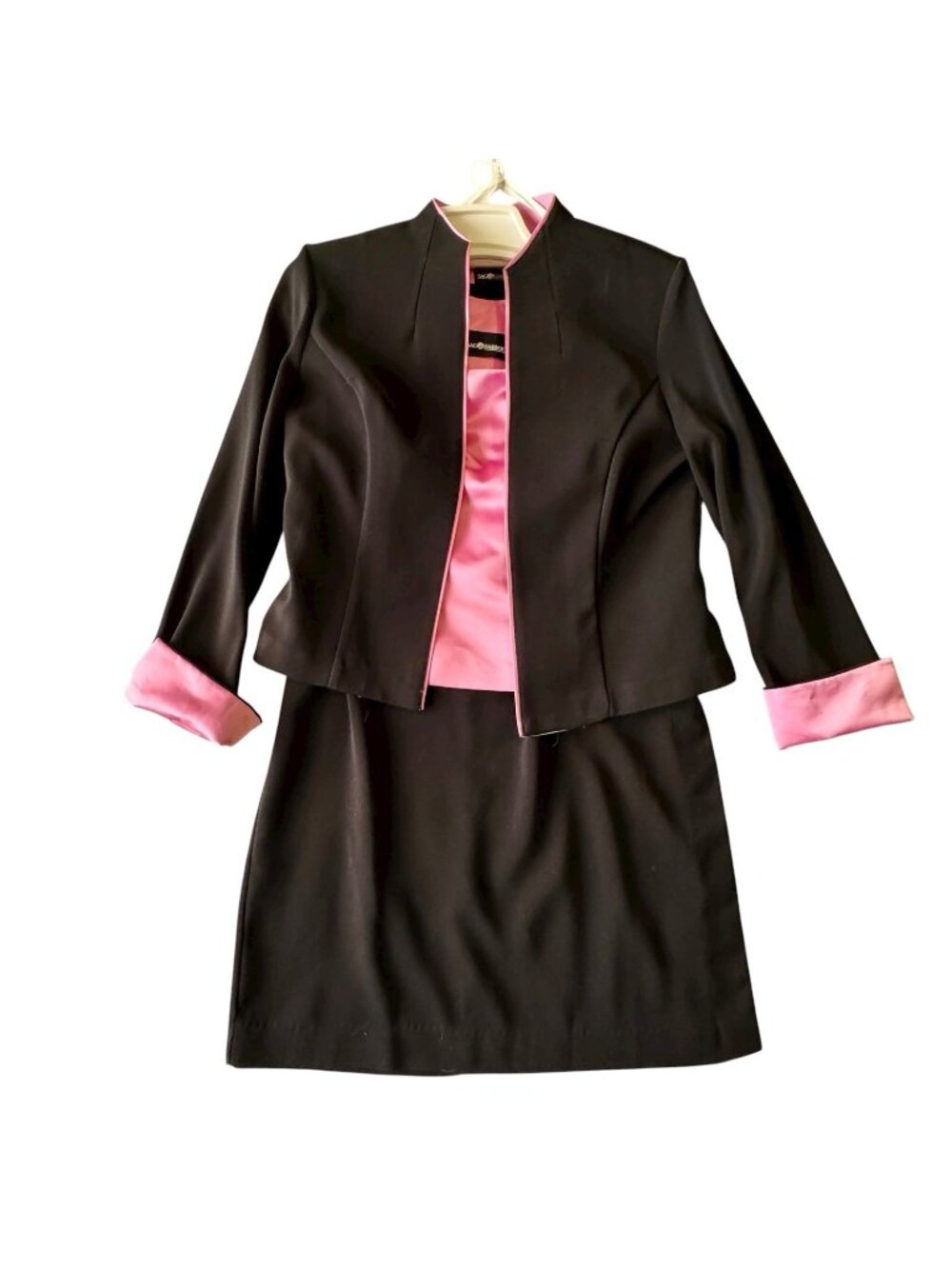 Mid-Century Style Suit 3pc Women's Sz 8 Jacket Black Knit Pink Satin Midi Skirt - Picture 1 of 16